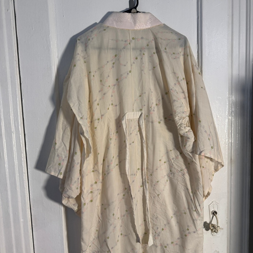 Vtg Japanese Cotton Kimono Robe Cream Floral Sakura Cherry Blossom Loungewear - Picture 7 of 8